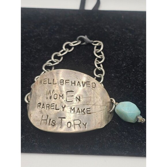 Handcrafted Silver Chain Bracelet With Inspirational Quote & Turquoise Stone Acc - Picture 1 of 10